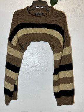 SHEIN Brown, Cream & Black Striped Cropped Crewneck Sweater